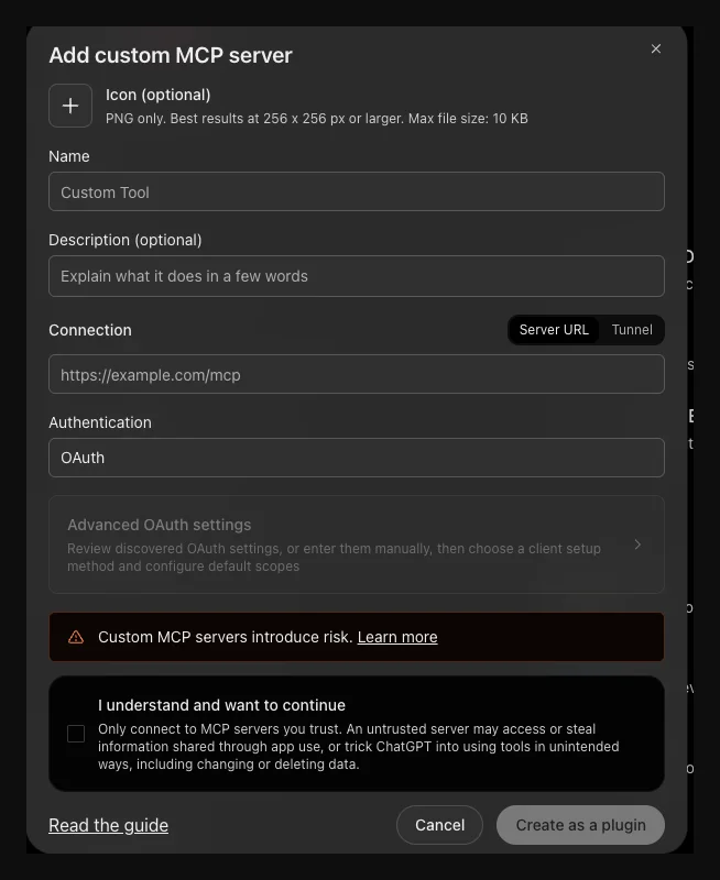 ChatGPT: the Add custom MCP server dialog.