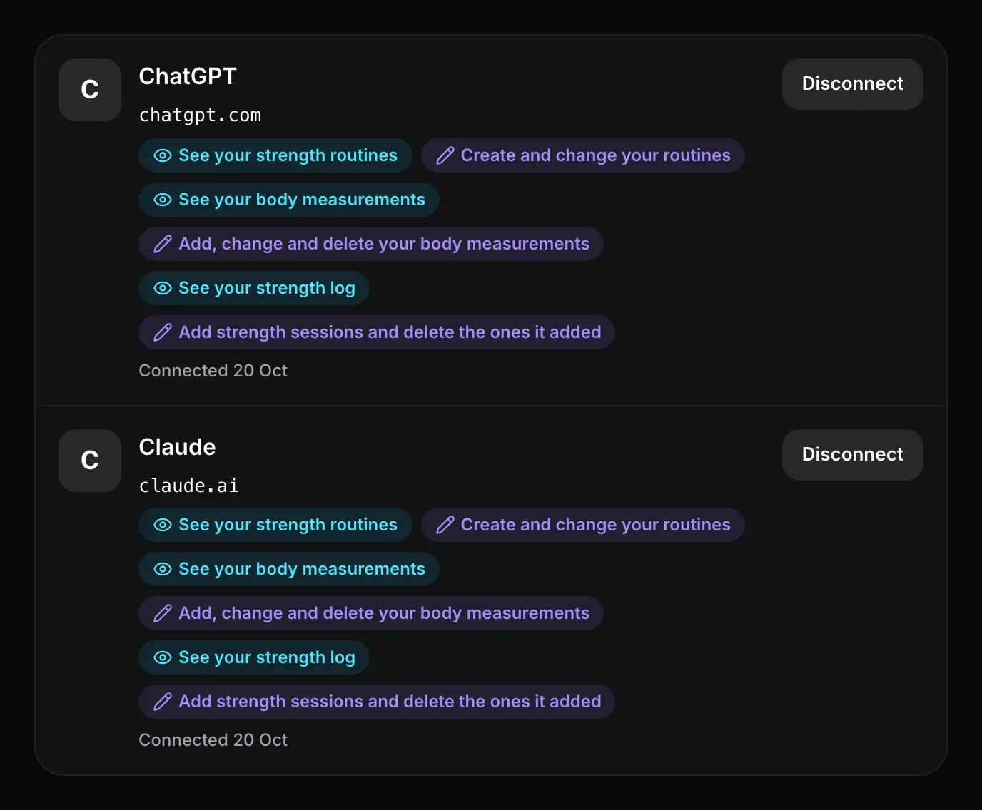 Settings › Connected apps: Claude and ChatGPT, each with the data it can use and a Disconnect button.
