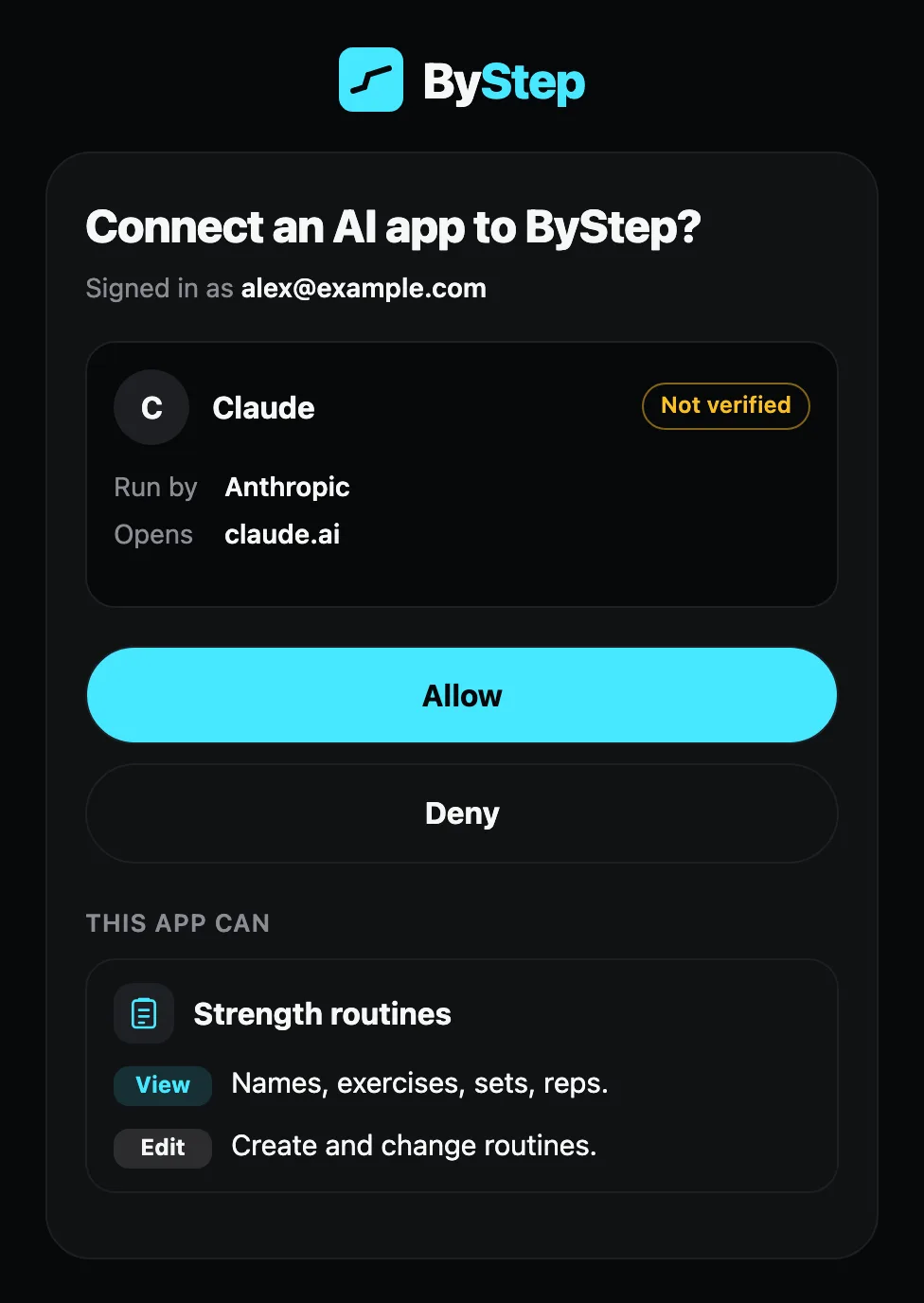 The ByStep permission page for Claude: app name, company, Allow and Deny, and the first data area.